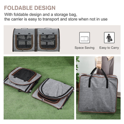 39" Portable Soft-Sided Cat Carrier, Cat Kennel, Travel Dog Crate with Divider, Two Compartments, Soft Cushions & Storage Bag, Easy to Fold, Light Gray