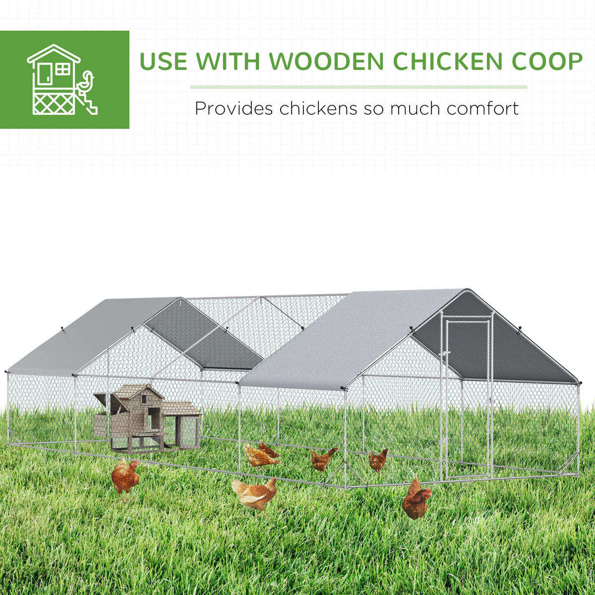 Large Chicken Coop Metal Chicken Run with Waterproof and Anti-UV Cover, Spire Shaped Walk in Fence Cage Hen House for Outdoor and Yard Farm Use, 1" Tube Diameter, 9.8 x 26.2 x 6.6
