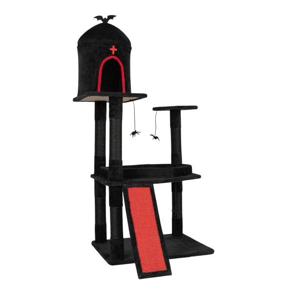 53in Gothic Cat Tree With Coffin Bed, Large Cat Tower With Spacious Cat Condo, Scratching Posts, Spider Hanging Toys, Scratching Board, Multi-Level Cat Activities Furniture For Large Cats, Red & Black