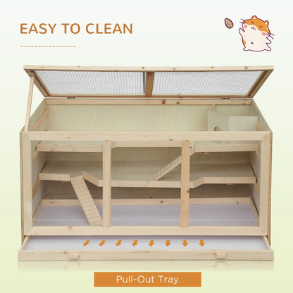 45" Extra Large Wooden Hamster Cage, 3-Layer Rat Cage with Opening Roof, PVC Window, Small Animal Habitat for Gerbil, Dwarf & Syrian Hamsters, Natural