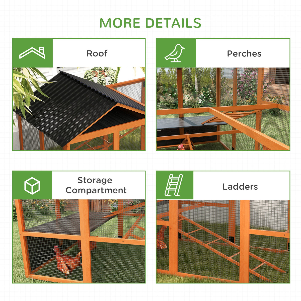Wooden Chicken Coop Run for 6 - 10 Chickens, Hen House Add-On with Storage, Perches, 141.75" x 48" x 61", Orange