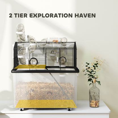 2 Tier Hamster Cage with 12" Deep Tray, Tube System, Water Bottle, Ramp, Feeding Bowl, 23" x 17" x 22", Black
