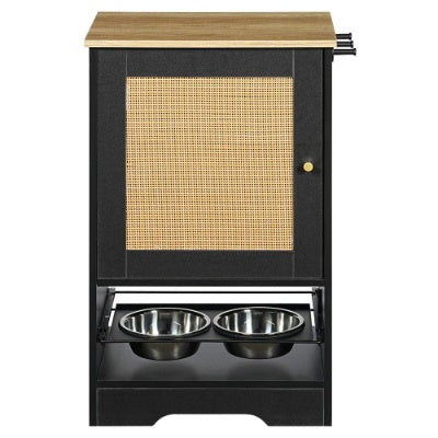 Feeding Station With 1 Storage Cabinets, Pet Feeding Station With 2 Elevated Dog Bowls, Side Hooks, Anti-tip Kit, Hidden Pet Feeder Station For Feeding  Watering, Black