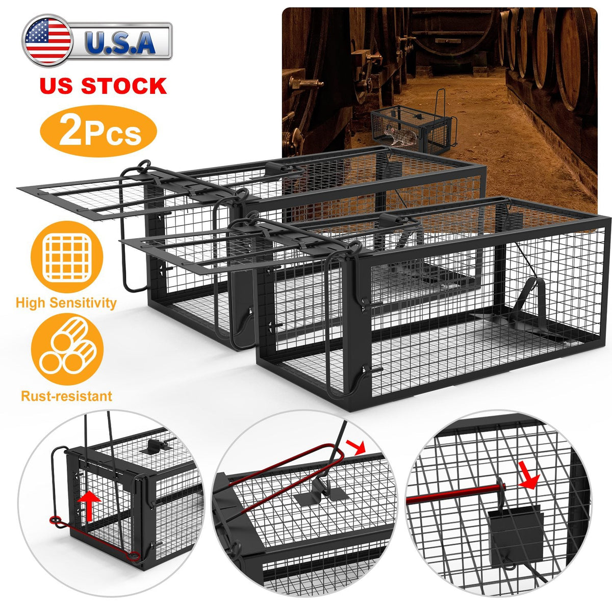 2 Pack Rat Trap Cage Humane Live Rodent Trap Cage Galvanized Iron Mice Mouse Control Bait Catch With Detachable U Shaped Rod
