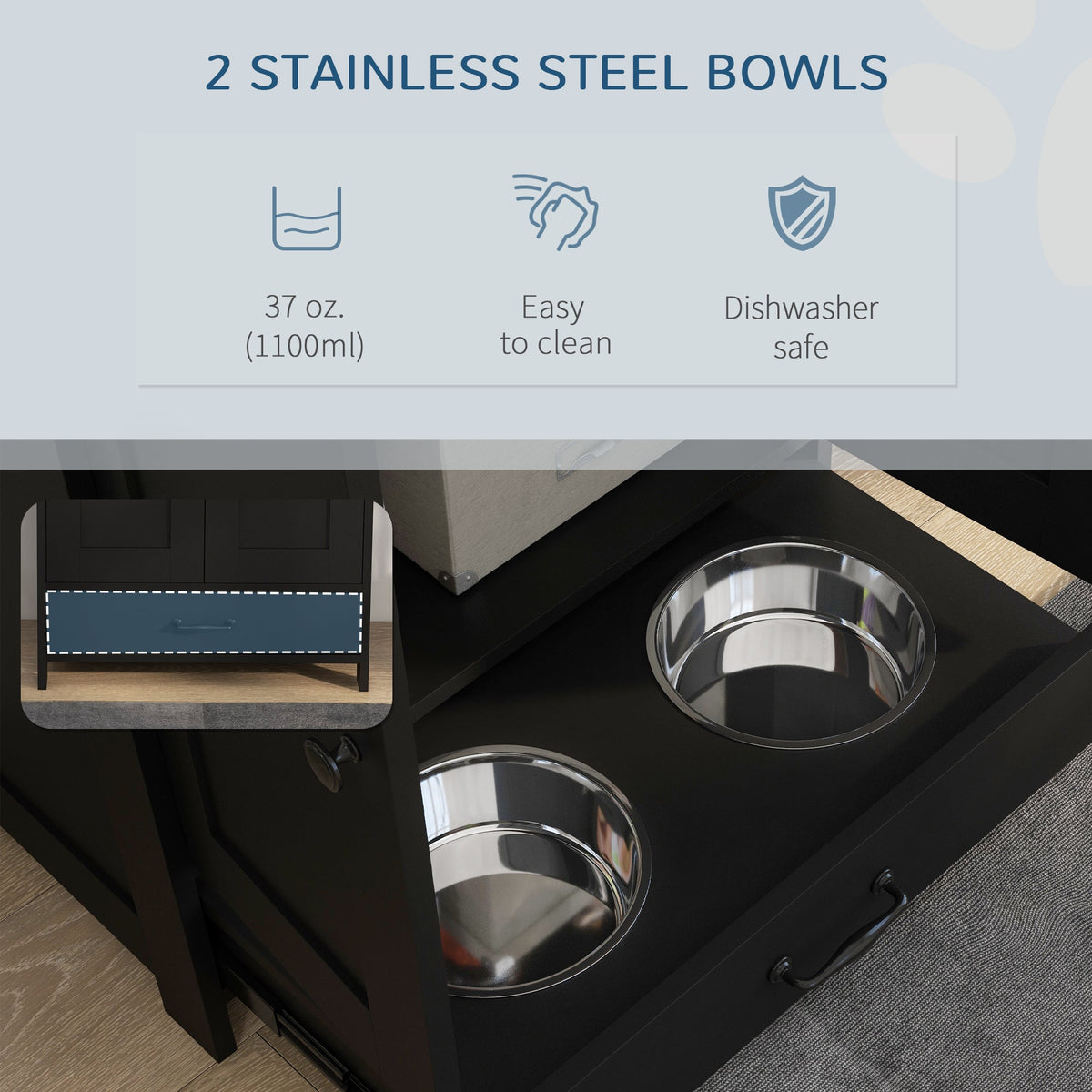 Pet Feeding Station, Dog Food Storage Cabinet w/ Raised Dog Bowls, Adjustable Panel, Hooks for Medium Dogs, Black