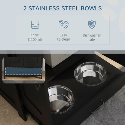 Pet Feeding Station, Dog Food Storage Cabinet w/ Raised Dog Bowls, Adjustable Panel, Hooks for Medium Dogs, Black