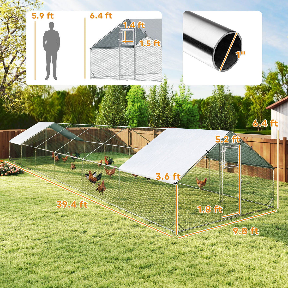 Large Chicken Coop with Waterproof and Anti-UV Cover, Spire Shaped for Outdoor and Yard Farm Use, 39 x 10 x 6.4