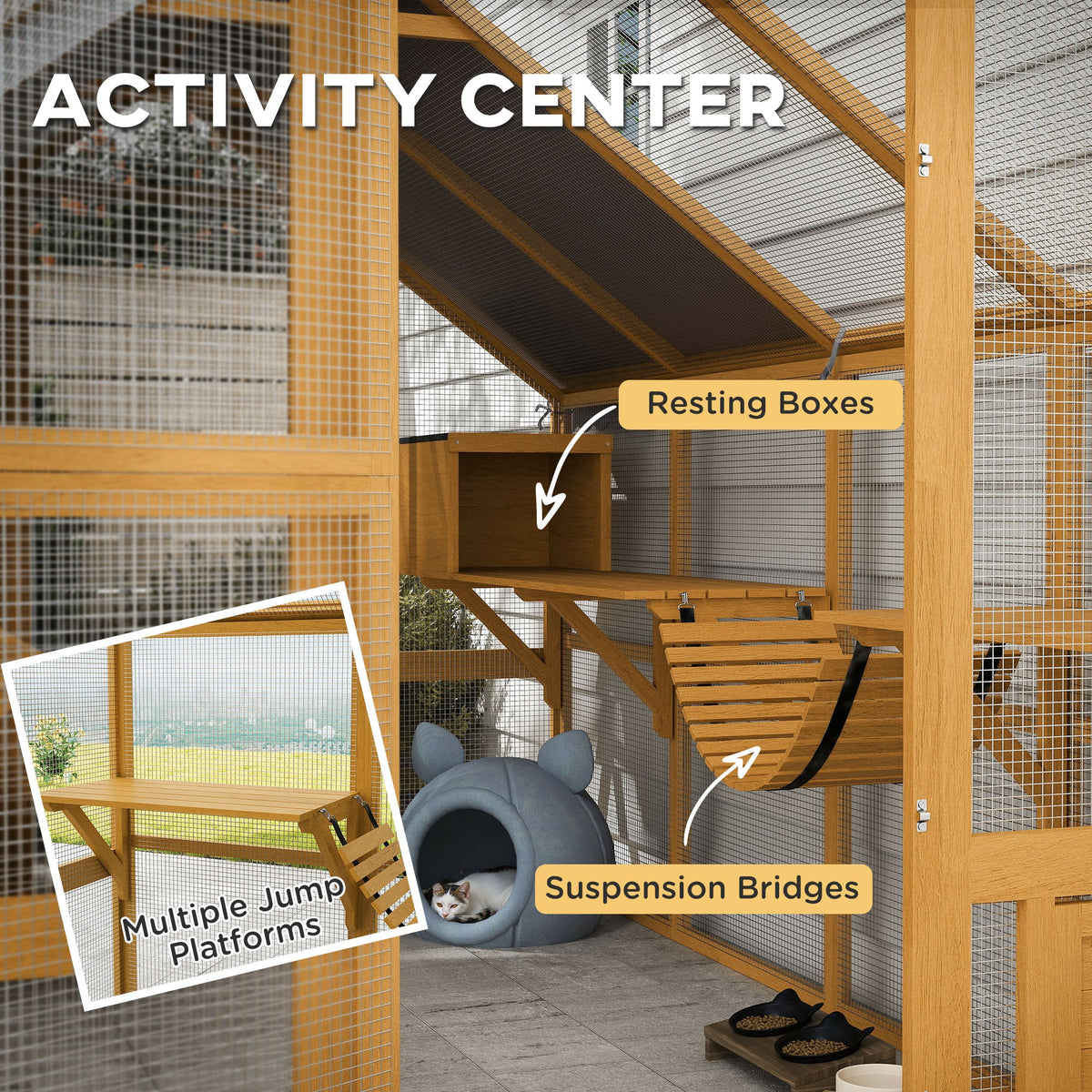 Wooden Catio Outdoor Cat Enclosure, Large Cat House with Waterproof Cover, 2 Condos, 6 Platforms, Bridge, Doors, Yellow