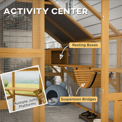 Wooden Catio Outdoor Cat Enclosure, Large Cat House with Waterproof Cover, 2 Condos, 6 Platforms, Bridge, Doors, Yellow