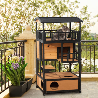 Wooden Outdoor Cat House, Feral Cat Shelter Kitten Condo with Asphalt Roof, Escape Doors, Condo, Jumping Platform, Yellow