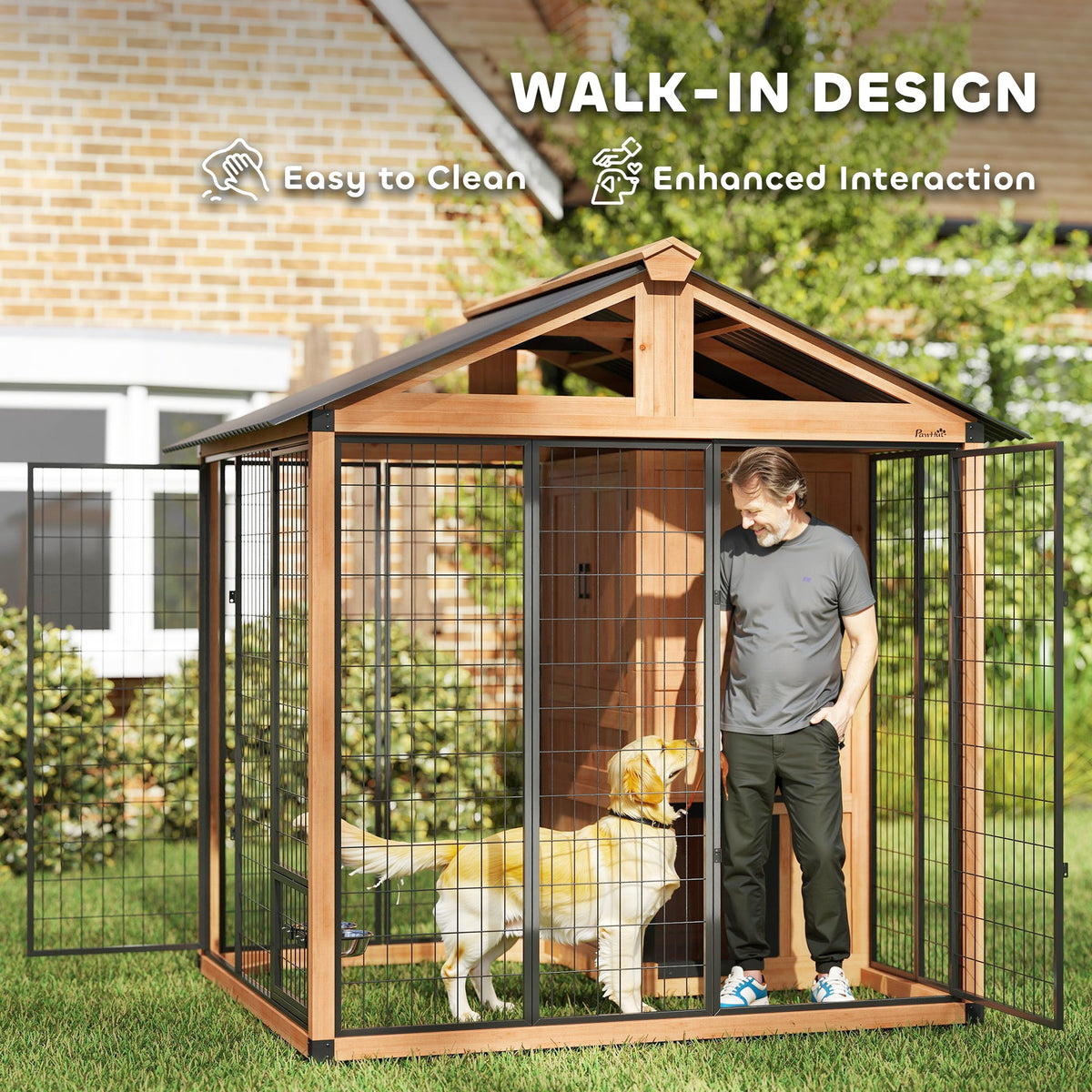 7 x 6 Extra Large Dog House, Wood Outdoor Dog Kennel with Storage Cabinet, Stainless Steel Bowls, Light Yellow