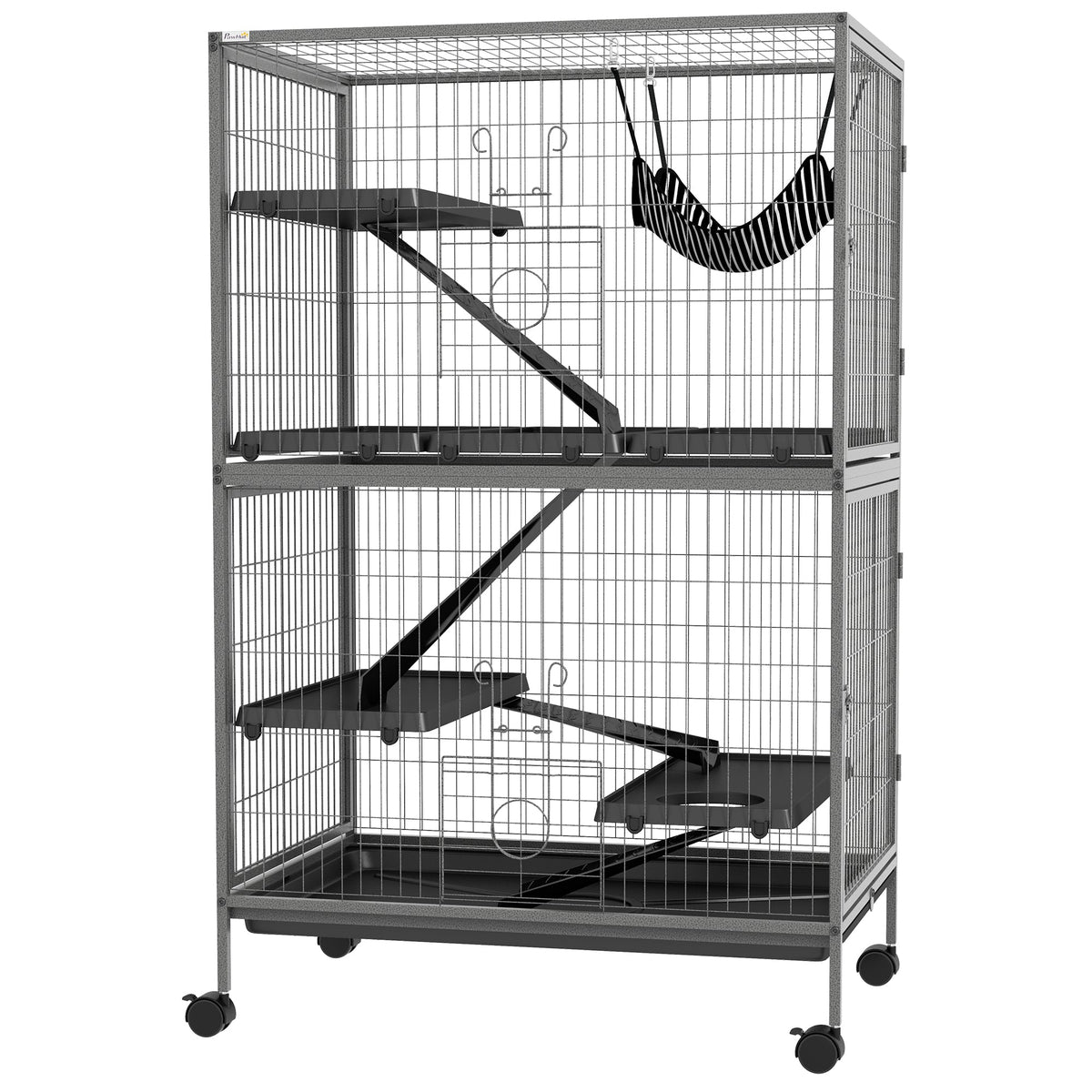50" H Rolling Small Animal Cage with Hammock, Ferret Cage, Chinchilla Cage, Pet Habitat with 4 Doors, Removable Tray