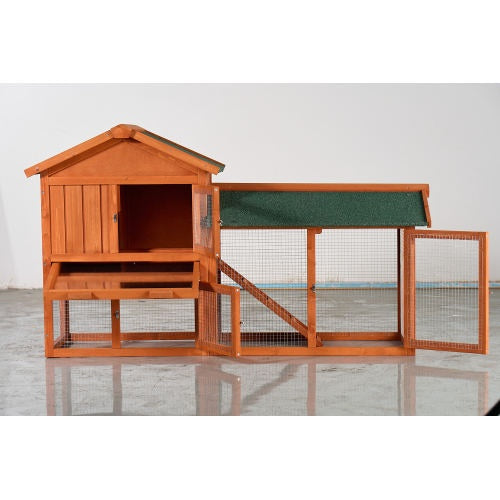 Large Wooden Rabbit Hutch, 2 Story Outdoor Bunny Cage With Waterproof Asphalt Roof, Pull-Out Tray  Ramp, Fir Wood Pet House For Rabbits, Chickens, Guinea Pigs Brown  Green