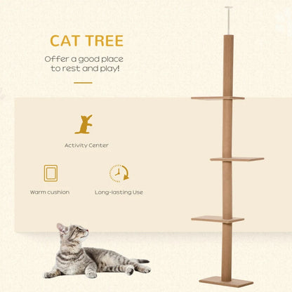 PawHut Floor-to-Ceiling Cat Tree Cat Climbing Tower With Sisal-Covered Scratching Posts Natural Cat Tree Activity Center For Kittens Cat Tower Furniture, Brown