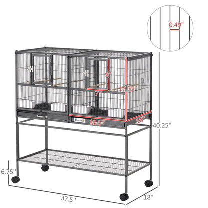 Divided Breeder Bird Cage with Rolling Stand Removable Metal Tray, Storage Shelf, Wood Perch, and Food Container