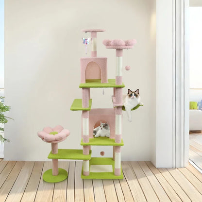 71 Inch Flower Cat Tree With Large Condo Removable Flower Cushion And Hammock Pink