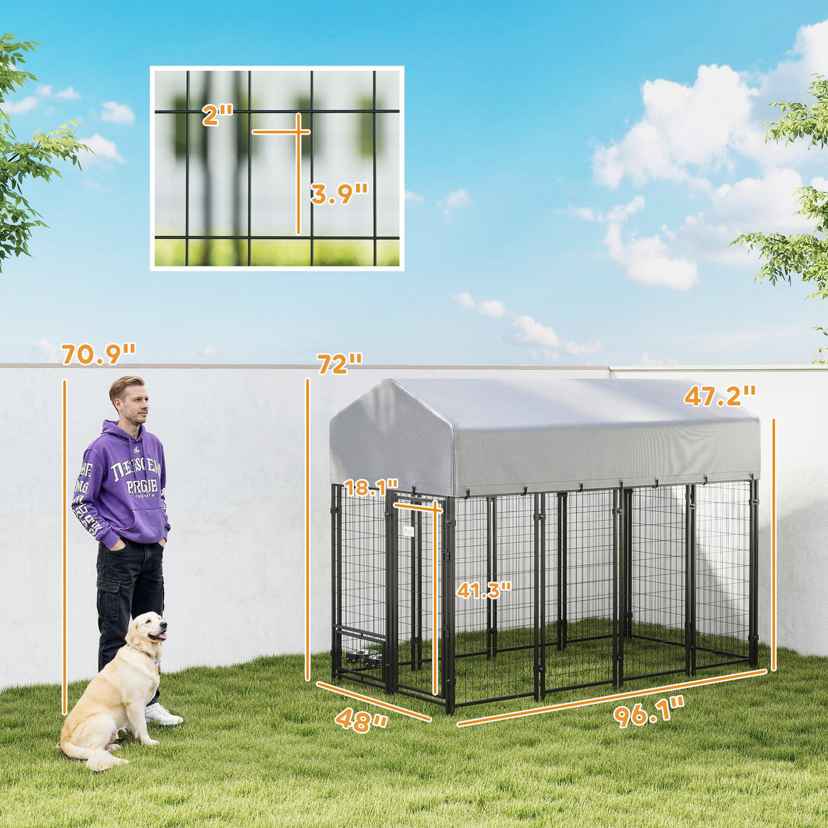 8 x 4 x 6 Outdoor Dog Kennel, Dog Kennel Outside Run with 360° Rotating Bowls, Waterproof & UV Resistant Cover