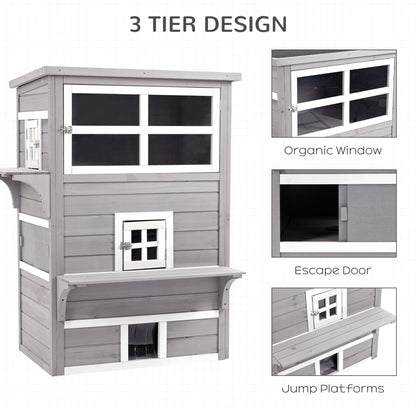 Outdoor Cat House, 3-Tier Kitty Shelter with 5 Escape Doors, Weather Resistant, Gray & White