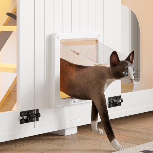 47.25 Large Cat Litter Box Enclosure With LED Light, Hidden Litter Box Furniture, Cat House With Stairs And Cat Scratching Post, Cat Cabinet Side Table With Smart Doors For Living Room, White