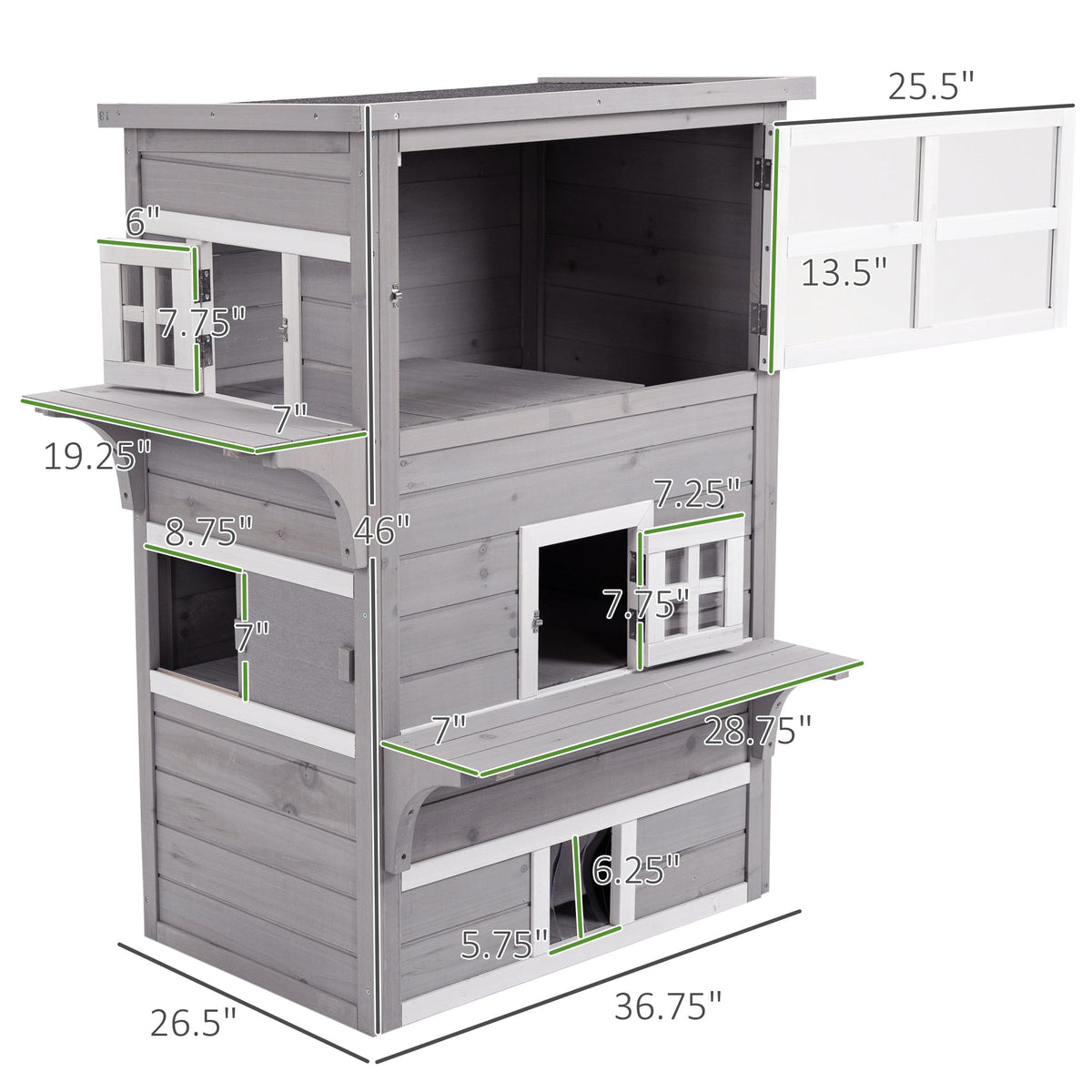 Outdoor Cat House, 3-Tier Kitty Shelter with 5 Escape Doors, Weather Resistant, Gray & White
