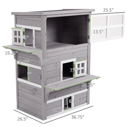 Outdoor Cat House, 3-Tier Kitty Shelter with 5 Escape Doors, Weather Resistant, Gray & White