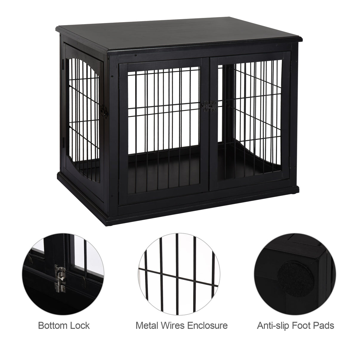 Dog Crate Furniture, 32" Small Dog Cage End Table with 2 Doors, Lockable Door, Puppy Kennel Indoor, Black