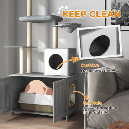 PawHut Cat Tree With Litter Box Enclosure, 2 In 1 Floor To Ceiling Cat Tower Litter Box Furniture With Condo, Bed, Hammock, Scratching Posts, And Platforms For Indoor Use, Gray