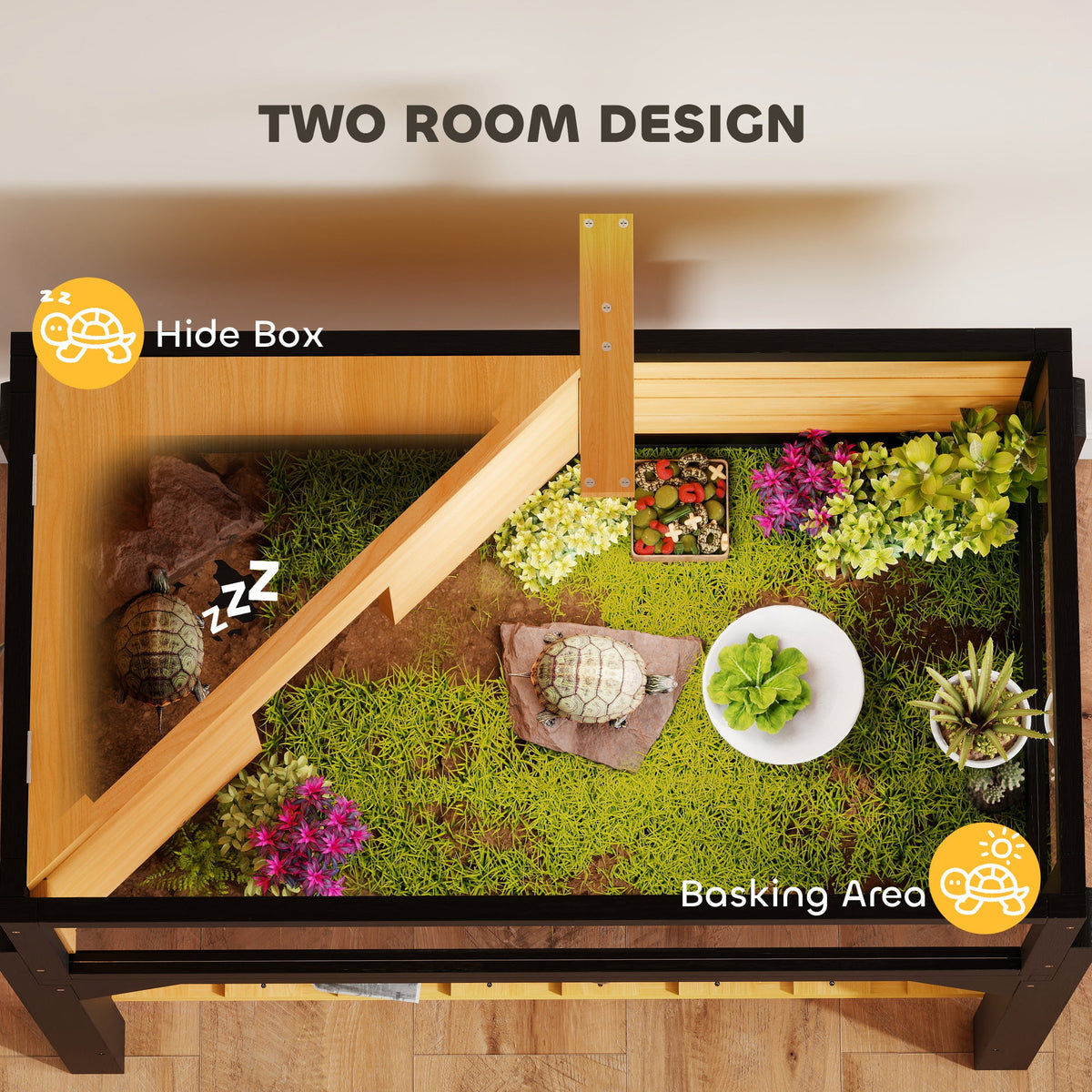 Wooden Tortoise Habitat with Storage Shelf, Tortoise Enclosure with Clear Windows, Openable Top, Lamp Holder, Yellow