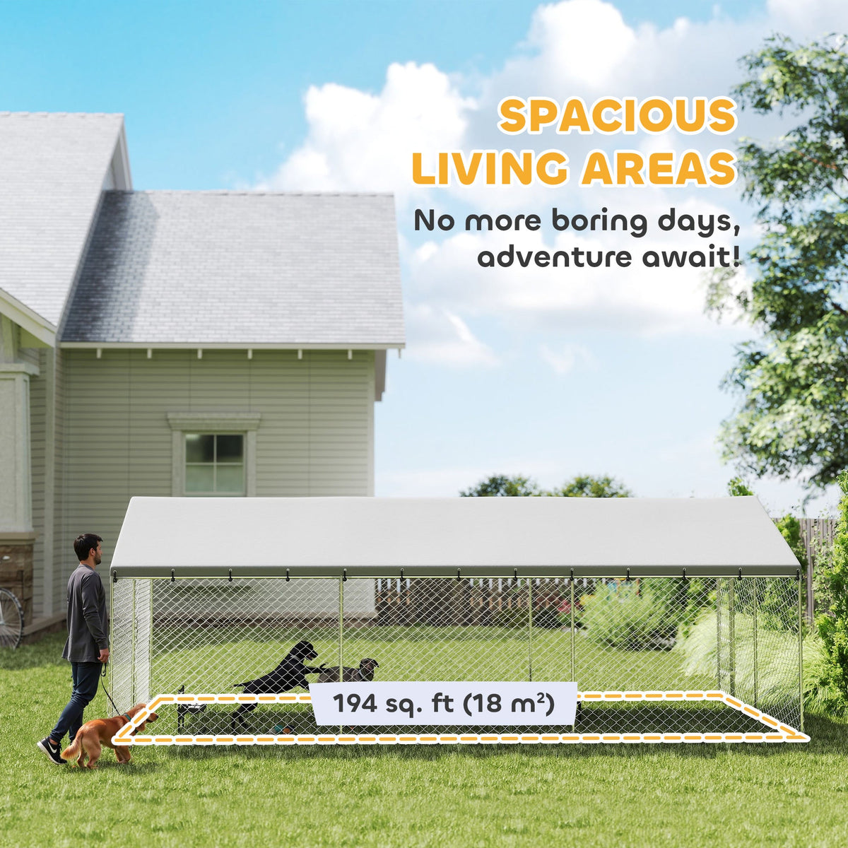 Heavy Duty Outdoor Dog Kennel with Waterproof Roof, 2 Secure Latches, Chain Link Dog Run for Backyard, 20 x 10 x 7