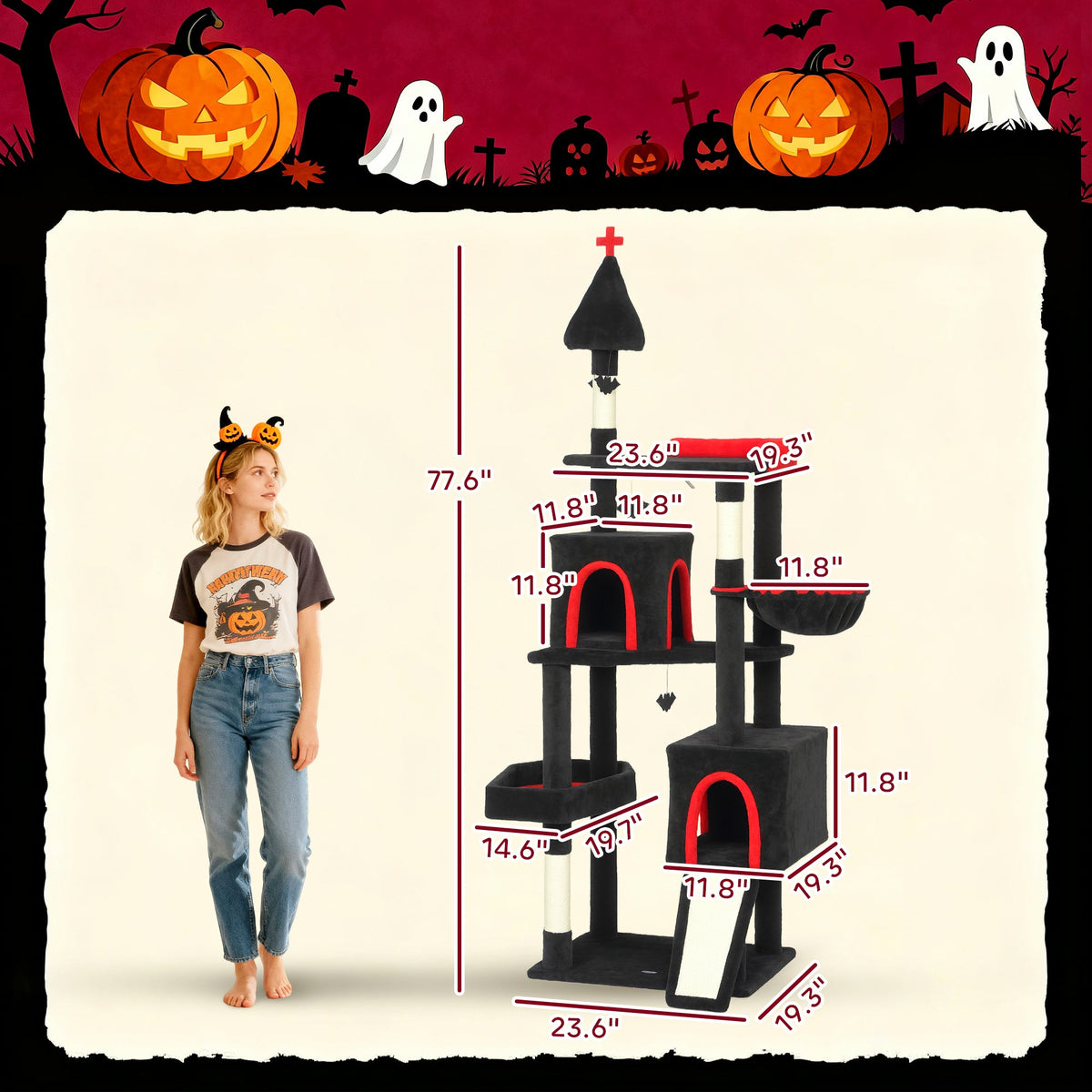 78" Gothic Cat Tree, Cat Tower with Coffin Bed, 2 Spacious Condos, Sisal Scratching Posts, Bat Hanging Balls, Halloween