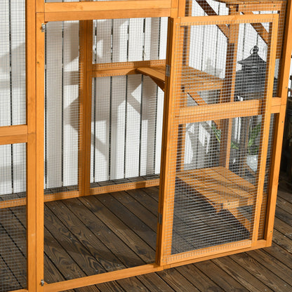 Outdoor Cat House Big Catio Wooden Feral Cat Shelter Enclosure with Large Spacious Interior, 6 High Ledges, Weather Protection Asphalt Roof, 71" L, Orange