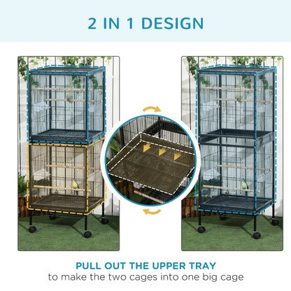 55" 2 In 1 Bird Cage Aviary Parakeet House for finches, budgies with Wheels, Black