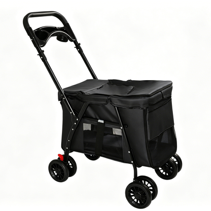 Pet Stroller, Foldable 4-Wheel Design, Breathable Mesh Dog Cat Stroller with Shockproof Wheels, Brake System, Storage Tray, 2 Fixed Safety Leashes, Large Space Pet Carrier for Small Medium Pets,Black