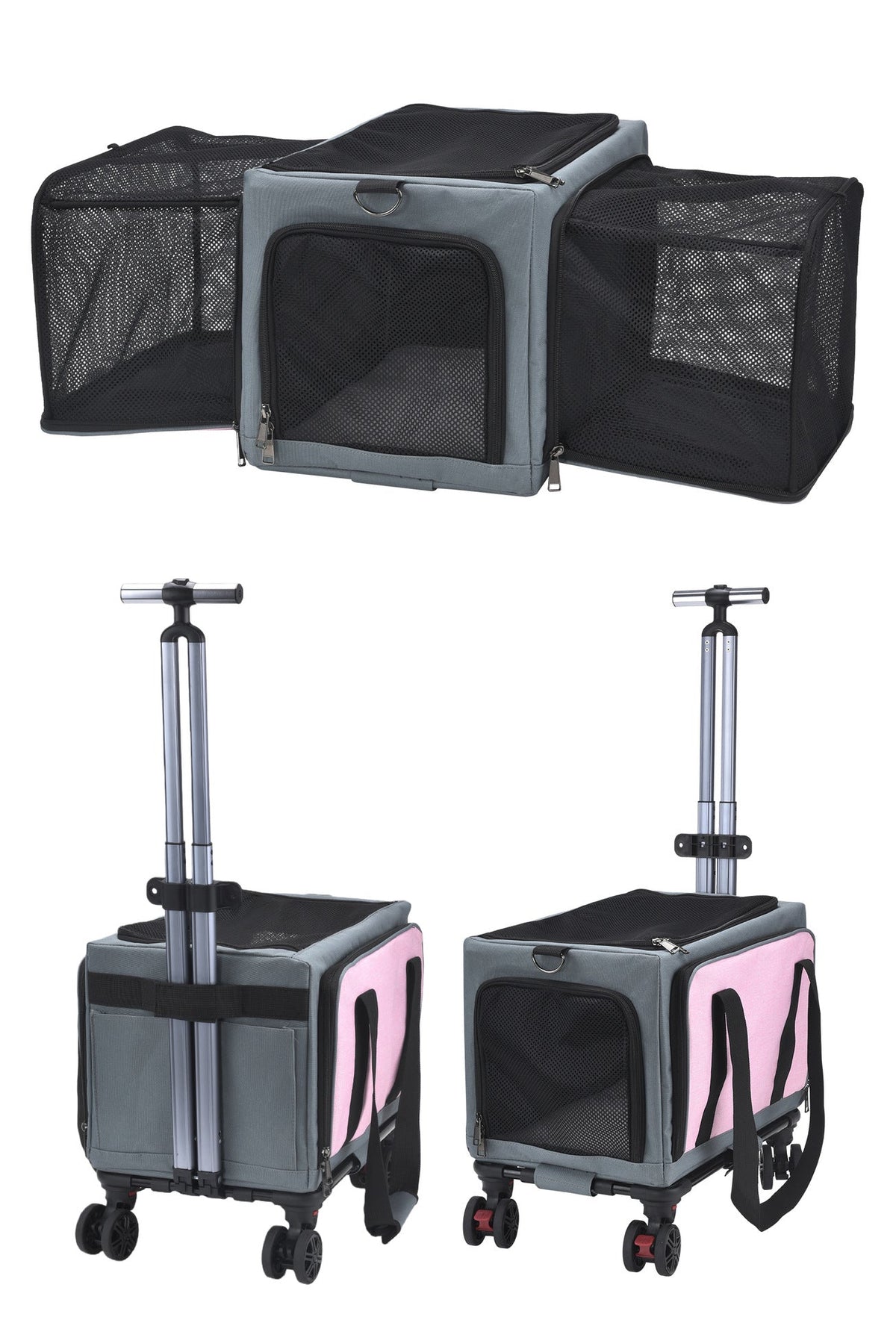 3-Sided Expandable Rolling Pet Carrier With Wheels, Small Cat Dog Travel Carrier, Foldable Portable Bag Grey  For Travel Camping Vet Outdoor Indoor Use