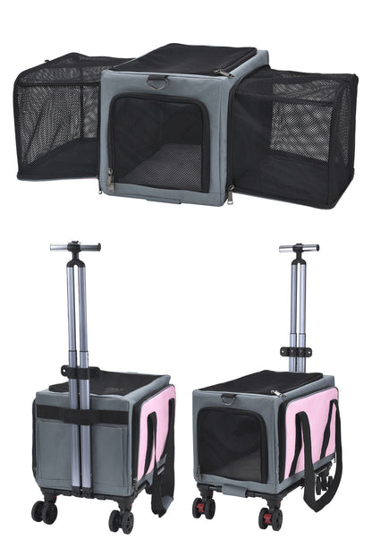 3-Sided Expandable Rolling Pet Carrier With Wheels, Small Cat Dog Travel Carrier, Foldable Portable Bag Grey  For Travel Camping Vet Outdoor Indoor Use