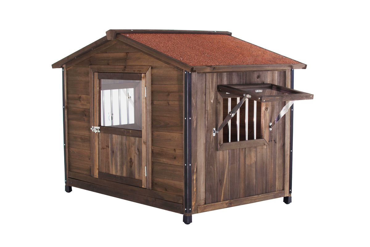 Unique All-Around Iron Frame,Outdoor Large Wooden Cabin House Style Wooden Dog Kennel