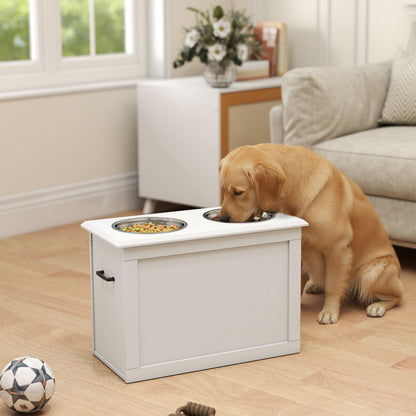 Raised Pet Feeding Storage Station with 2 Stainless Steel Bowls Base for Large Dogs and Other Large Pets, White