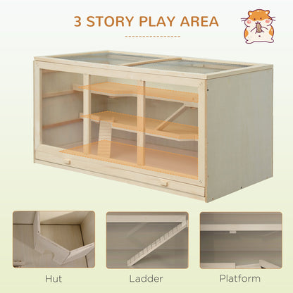 45" Extra Large Wooden Hamster Cage, 3-Layer Rat Cage with Opening Roof, PVC Window, Small Animal Habitat for Gerbil, Dwarf & Syrian Hamsters, Natural