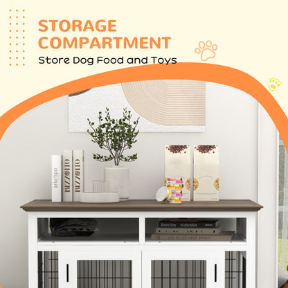 Dog Kennel Furniture Side End Table with Storage, Double Doors for Small and Medium Dogs, White