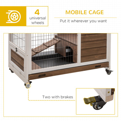 Indoor Rabbit Enclosure, On Wheels, Indoor Bunny Cage Small Animal House With Pull Out Tray Casters Ramp, 35.5 X 21 X 23, Brown