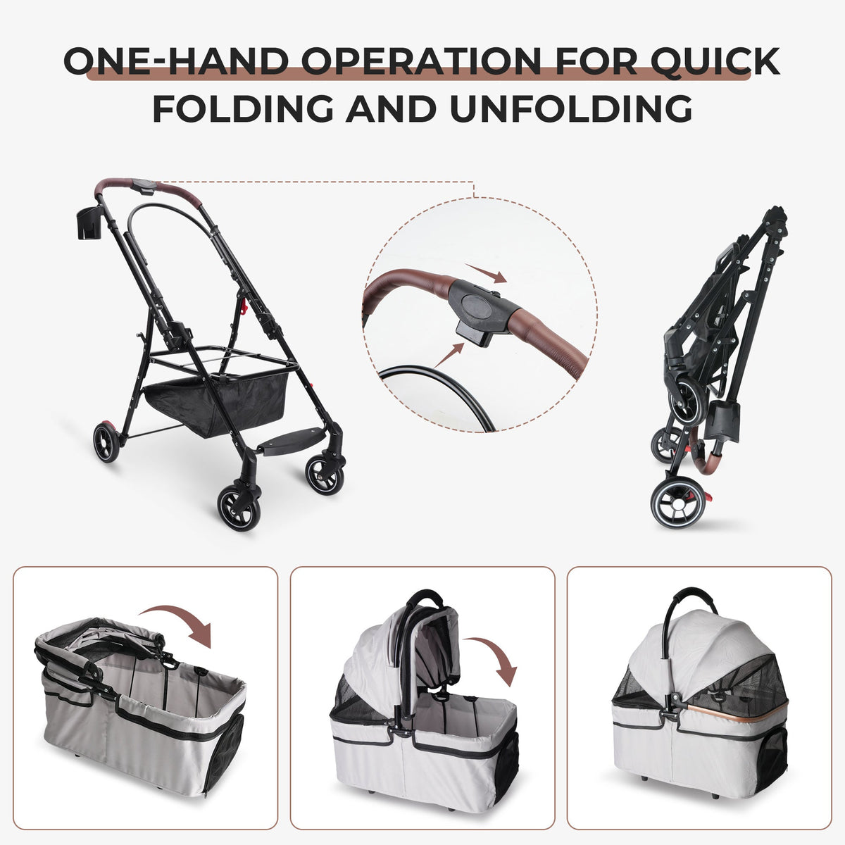 4-Wheel Foldable Pet Stroller For Small Dogs & Cats - 360 Rotating Wheels, Detachable Carrier & Travel Bag Included
