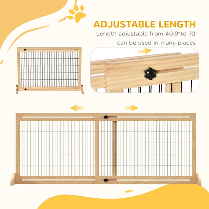 71" W x 27" H Extra Wide Freestanding Pet Gate with Adjustable Length Dog, Cat, Barrier for House, Doorway, Hallway, Natural