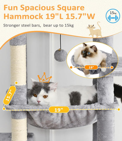 ABCPET Large Cat Tree, Cat Tower, Multi-Tier, Indoor Cat, Sisal Scratching Post, Widened Cat Perching Post, Square Hammock, Widened Cat House, Light Gray,Self-pickup Only