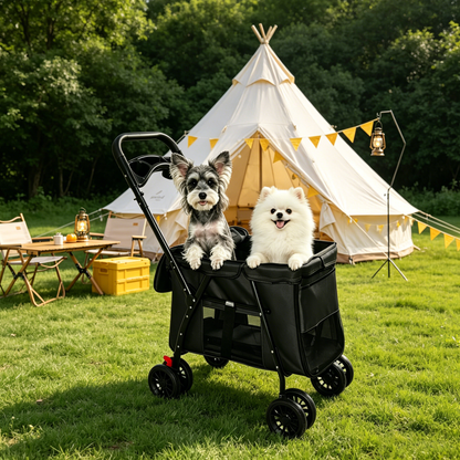 Pet Stroller, Foldable 4-Wheel Design, Breathable Mesh Dog Cat Stroller with Shockproof Wheels, Brake System, Storage Tray, 2 Fixed Safety Leashes, Large Space Pet Carrier for Small Medium Pets,Black