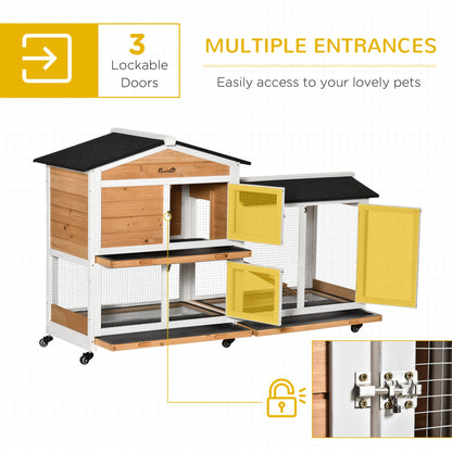 62" Wooden Mobile Rabbit Hutch with Wheels, Run Box, Slide-out Tray, Ramp, Yellow