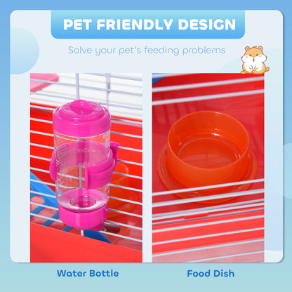 18.5" Hamster Cage with Exercise Wheel and Water Bottle, Dish, Rat House and Habitat 2-Story Design, Red