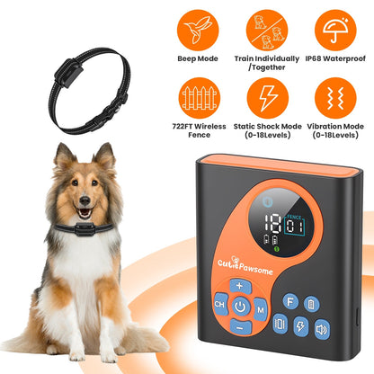 2 In 1 Wireless Dog Fence System With Training Collar Invisible Dog Fence IP68 Waterproof With 722FT Adjustable Range Beep Vibration Static Shock