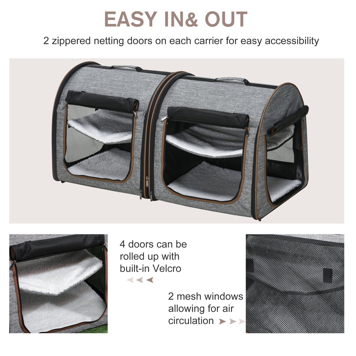 39" Portable Soft-Sided Cat Carrier, Cat Kennel, Travel Dog Crate with Divider, Two Compartments, Soft Cushions & Storage Bag, Easy to Fold, Light Gray