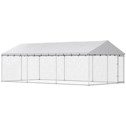 Heavy Duty Outdoor Dog Kennel with Waterproof Roof, 2 Secure Latches, Chain Link Dog Run for Backyard, 20 x 10 x 7