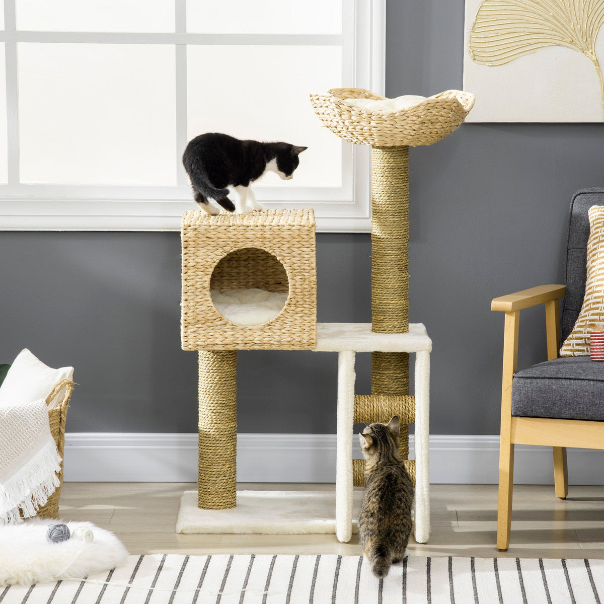 Cattail Weave Cat Tree for Indoor Cats Kitty Tower with Rattan Cat Condo, Wicker Bed, Ladder, Washable Cushions, 22.5" x 14.5" x 39.5", Natural